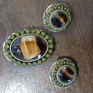 Vintage Brooch & Clip Earring Set Marked Schrager Browns, green, gold tone